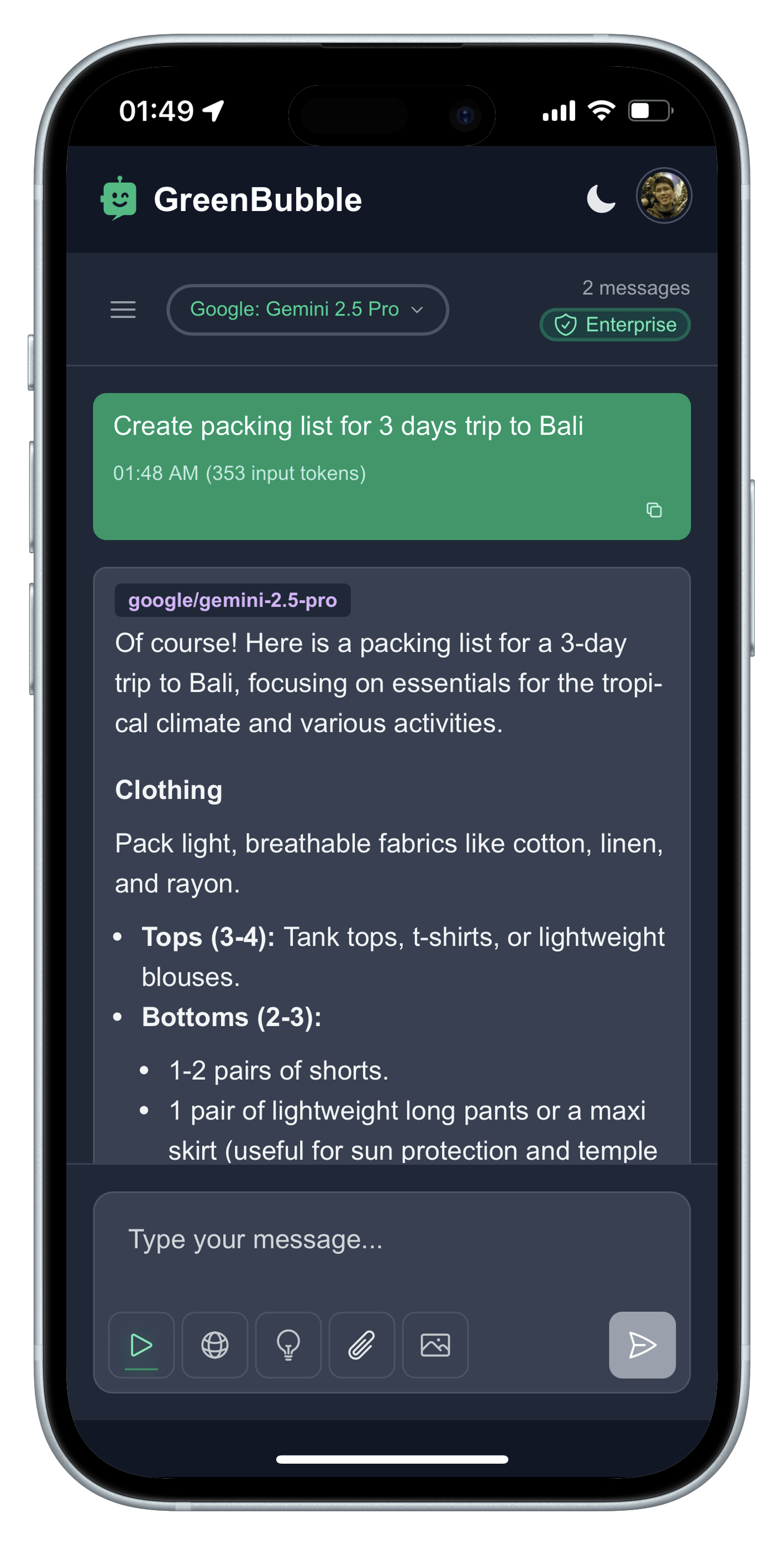 GreenBubble mobile chat, Gemini 2.5 Pro model